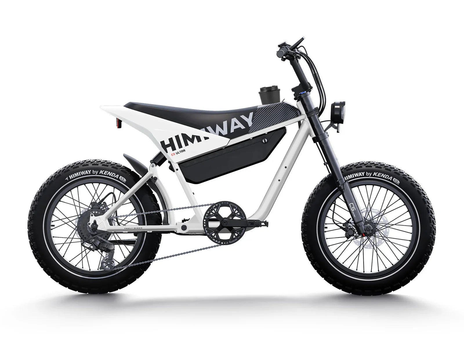 White eMOTO HIMIWAY C5 Ultra 750W step-over e-moto style electric bike with 20x4 fat tires, shown in product image, available for pre-order for end of December.