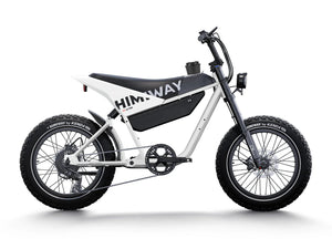 White eMOTO HIMIWAY C5 Ultra 750W step-over e-moto style electric bike with 20x4 fat tires, shown in product image, available for pre-order for end of December.