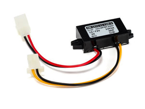 Product image of the eBike EBOX 12V Dragster Voltage Converter, showing a compact black device with input and output wires, labeled for converting 12V to 5V USB power.
