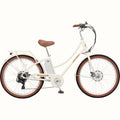 Retrospec Beaumont Rev 3 electric bike in eggshell color, side view, featuring step-through frame, rear rack, and brown saddle and grips.