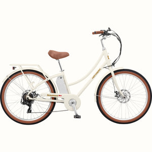 Retrospec Beaumont Rev 3 electric bike in eggshell color, side view, featuring step-through frame, rear rack, and brown saddle and grips.