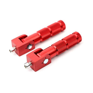 Red eBike foot pegs, metal construction, side view, product image on white background