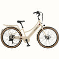 Retrospec Beaumont Rev 3 Plus electric bike in oat color, side view, featuring step-through frame, rear rack, and brown saddle and grips.
