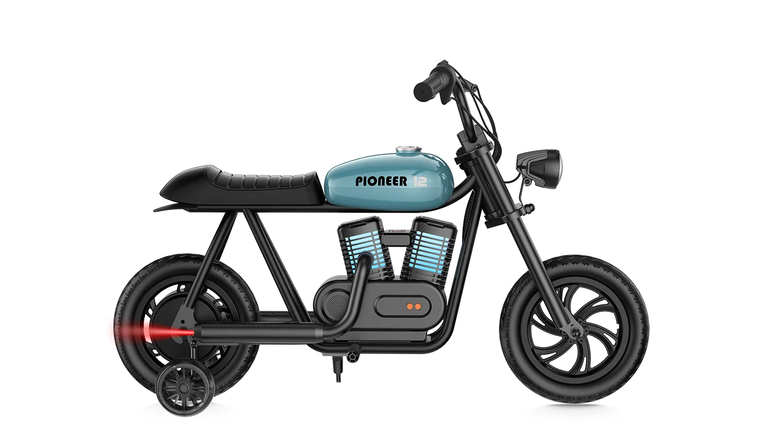 Blue eMOTO Hyper Gogo Pioneer 12 Plus electric bike with training wheels, side view