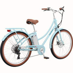 Retrospec Beaumont Rev 3 eBike in Larimar color, side view, showing step-through frame, rear rack, and front basket