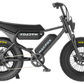 Side view of the eMOTO MACFOX X7 electric bike with dual battery, showcasing its rugged frame, large tires, and modern design against a plain background.