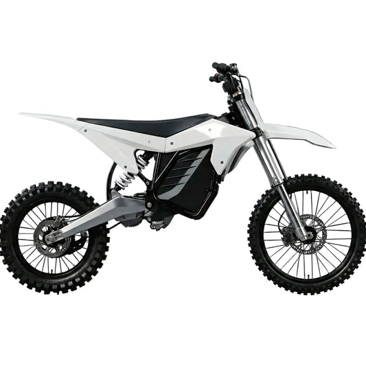eMOTO Electro & Co ETM RTR XL electric motorcycle, side view, black and blue color, displayed in showroom, pre-order for March, in-store pickup only