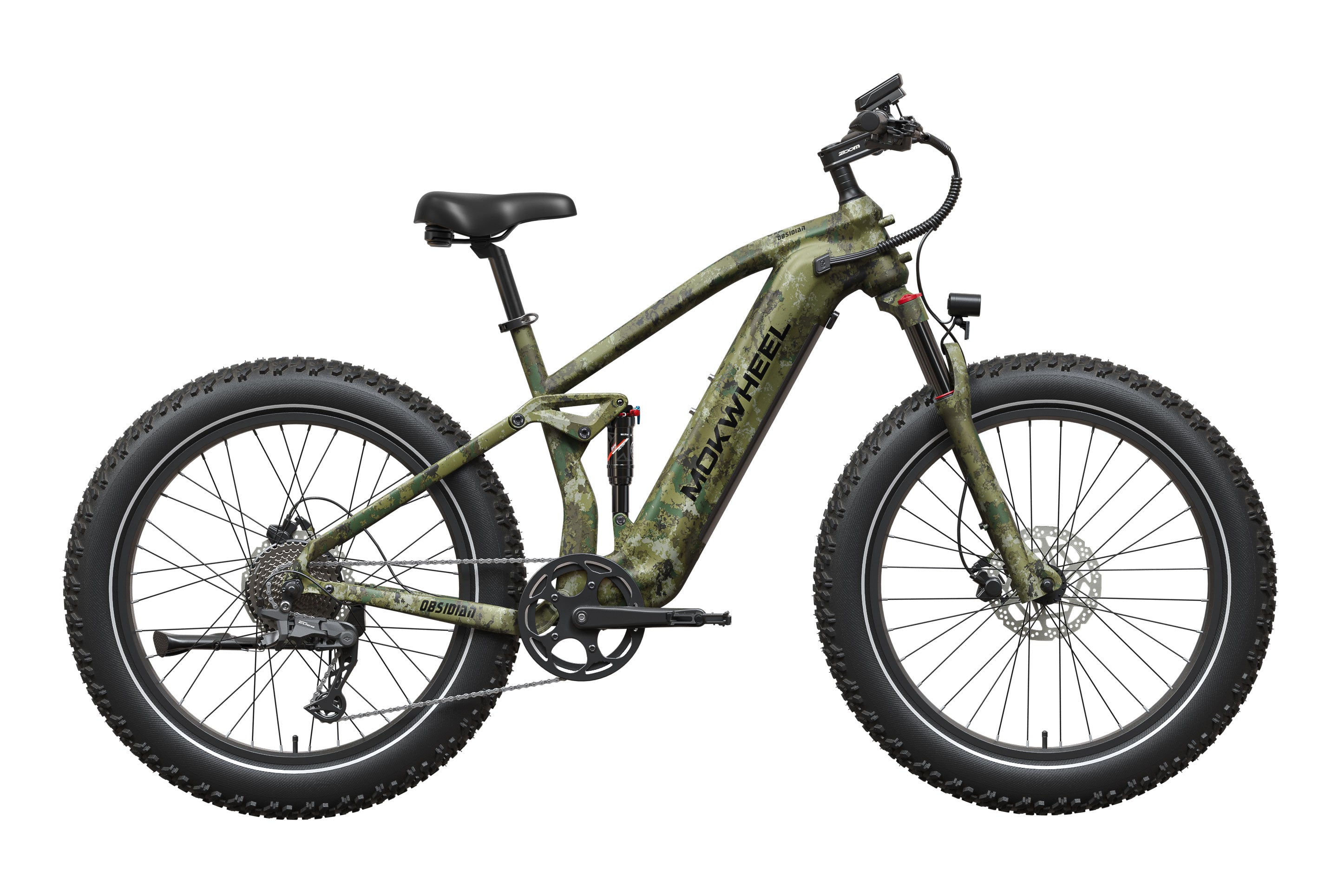 Mokwheel Obsidian 2.0 Step Over eBike in Jungle Camo color, side view, displayed against a white background