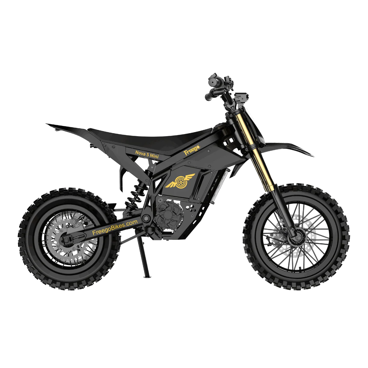 Side view of the Freego Nova 5 Mini eBike in black, showing its compact frame, thick tires, and foldable design against a plain background.