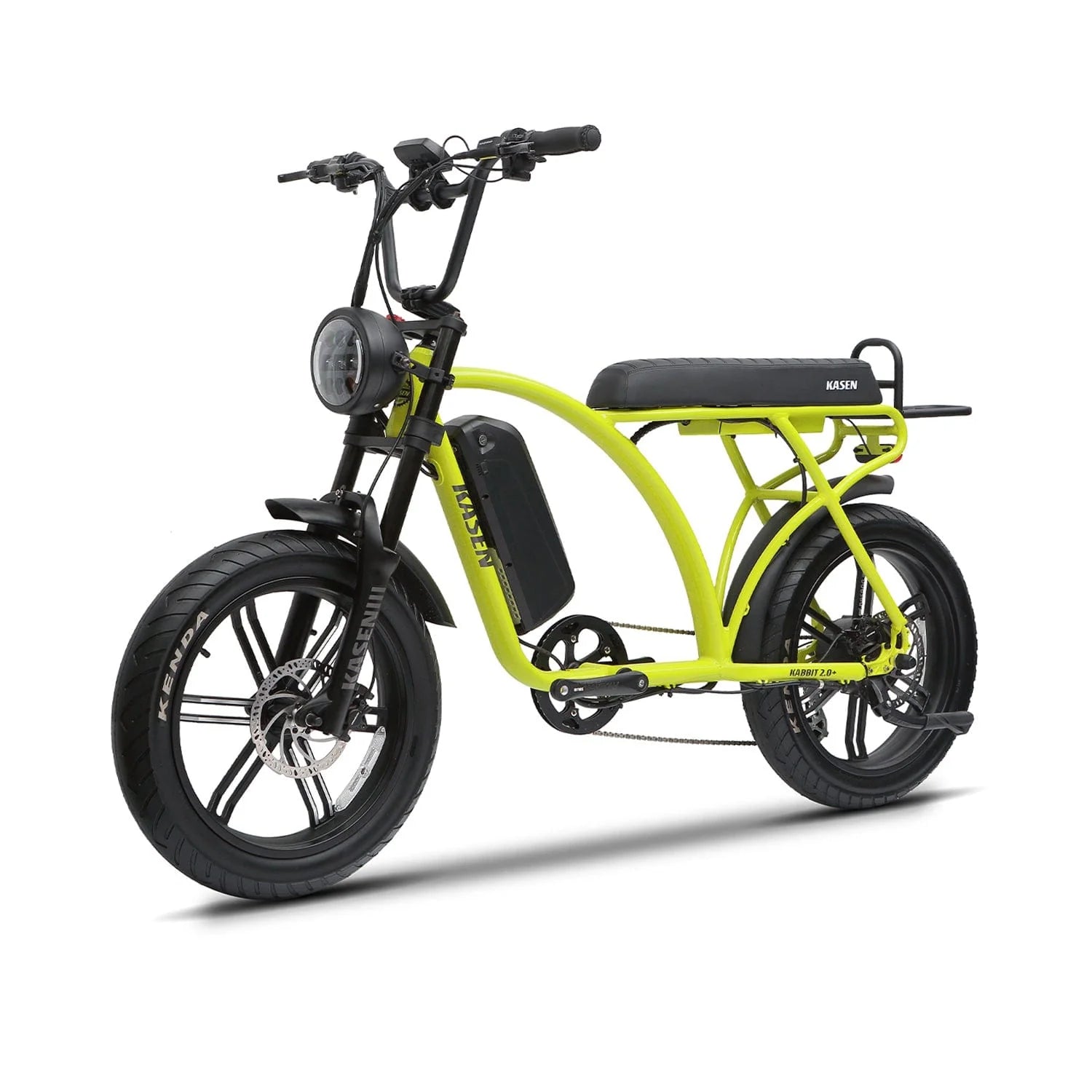 Green KASEN Kabbit Plus 2.0 electric bike with 1000W motor, 20x4 fat tires, and e-moto style design, front view.