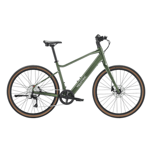 Velotric Tempo High Step eBike in Forest Evergreen color, side view, displayed outdoors