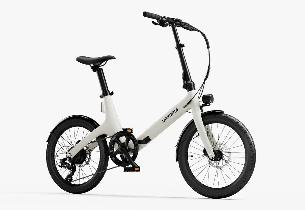 Side view of the Urtopia Carbon Fold Step Thru eBike in creme color, shown folded for compact storage.