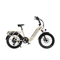 A white REVI Runabout 2 Step Thru electric bike with 20x3 fat tires, rear cargo rack, and 750w motor, shown from the side against a plain background.