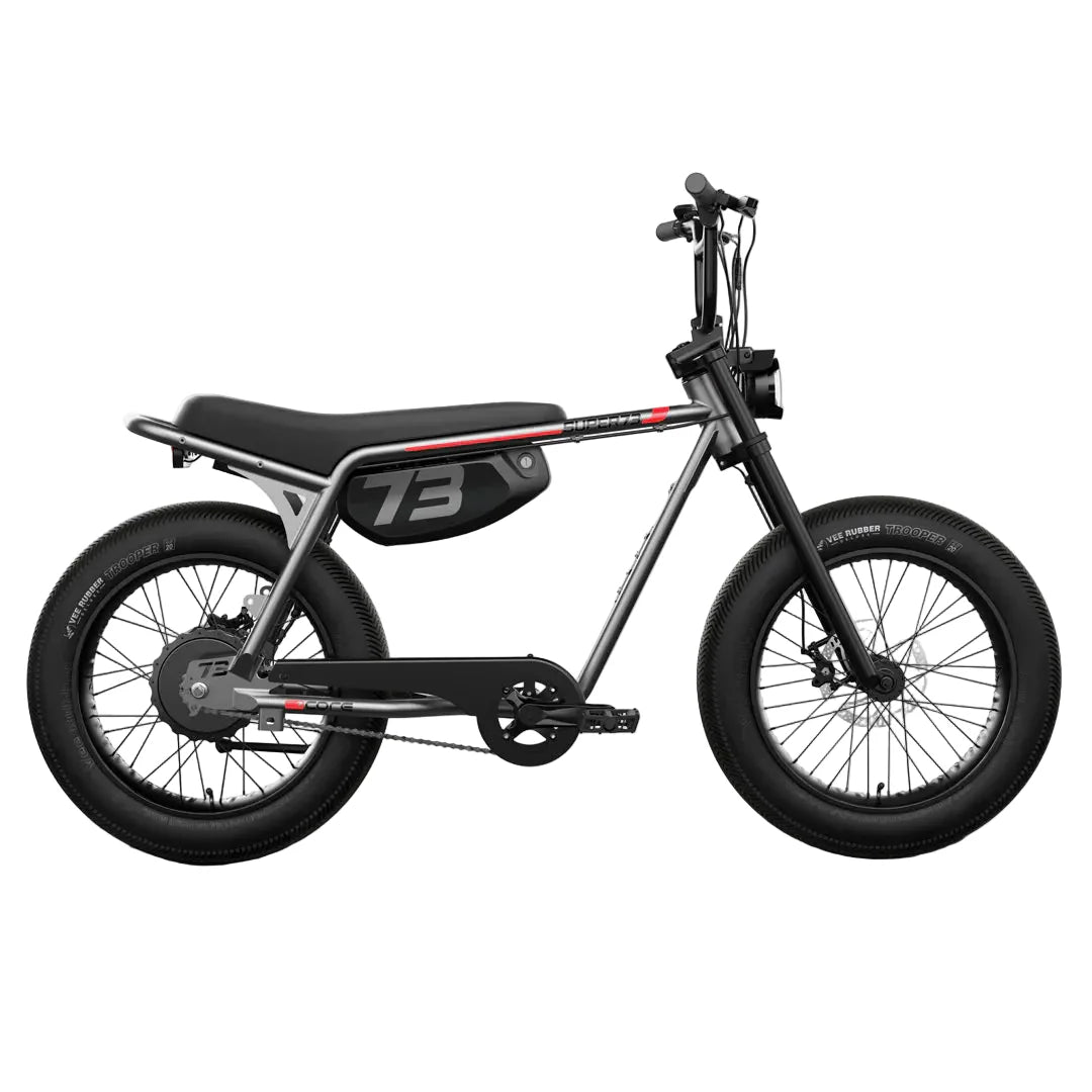 Super73 Z Miami electric bike in metallic aluminum color, side view, isolated on white background