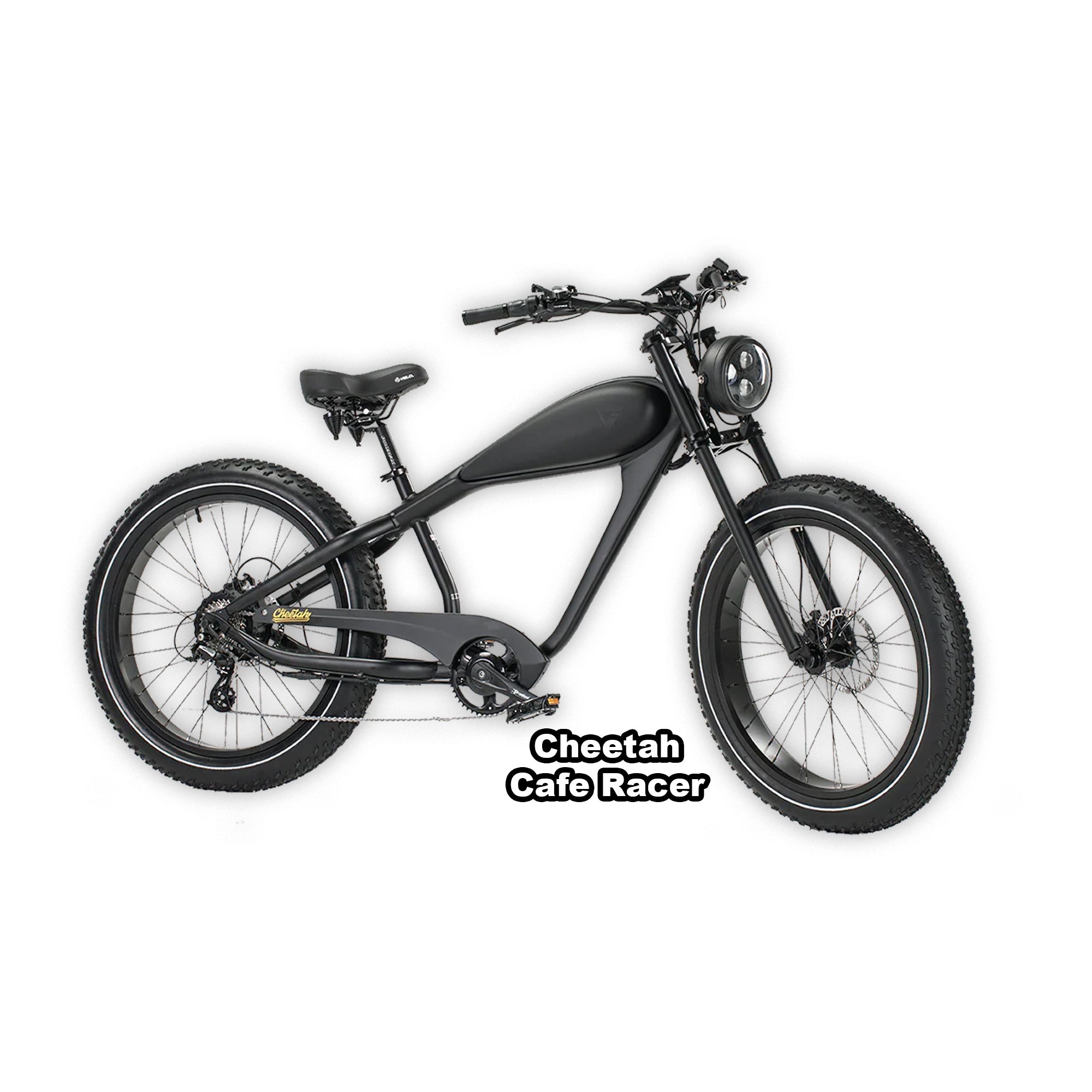 Black eBike Revi Cheetah Cafe Racer in box, product image, side view