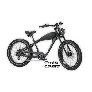 Black eBike Revi Cheetah Cafe Racer in box, product image, side view