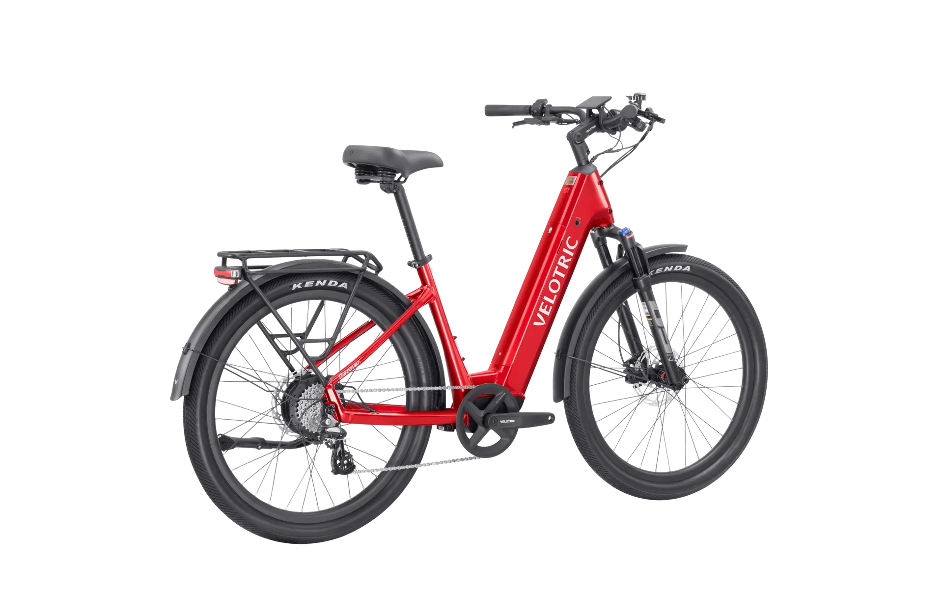 Side view of the Velotric Discover 2 eBike in a matte blue finish, showcasing its step-through frame, integrated battery, rear rack, and wide tires against a plain white background.