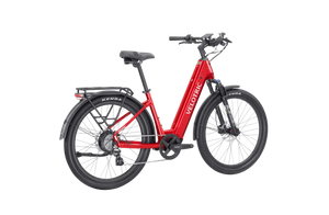 Side view of the Velotric Discover 2 eBike in a matte blue finish, showcasing its step-through frame, integrated battery, rear rack, and wide tires against a plain white background.
