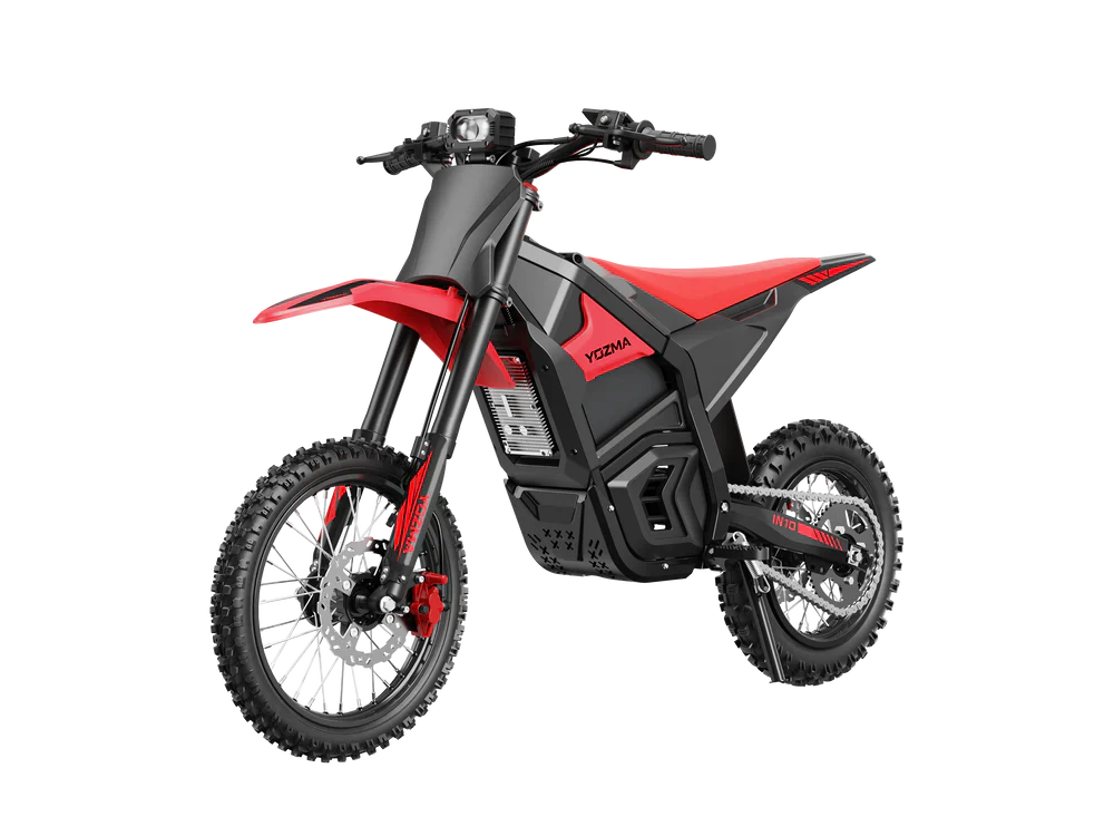 Side view of the eMOTO Yozma IN 10 electric scooter in a showroom, showcasing its sleek black frame, wide tires, and modern design features.