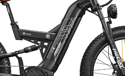 Freesky Warrior Ultra M-530 electric bike in black, shown from a side angle highlighting its fat tires, sturdy frame, front suspension fork, and rear rack.