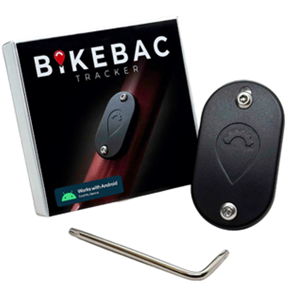 A smartphone displaying the BikeBac Tracker app for Android, showing an eBike's location and route on a map.