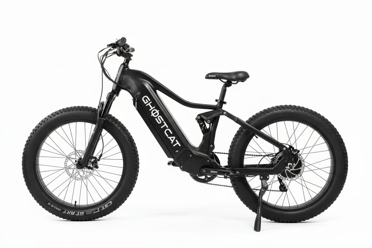 Blackout view of the Ghostcat Saber S1 eBike, showcasing its sleek frame and modern design in a dark, shadowed setting.