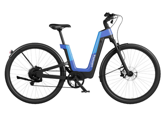 Urtopia Carbon Fusion Pro eBike in Deep Sea Blue, side view, showcasing sleek carbon frame and modern design