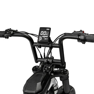 Side view of the eMOTO eBike Strike Rhino electric bike in black, showcasing its sturdy frame, thick tires, and battery pack.