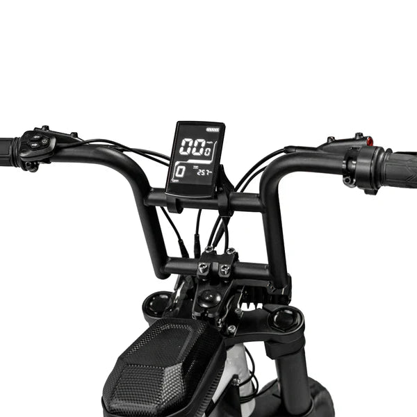 Side view of the eMOTO eBike Strike Rhino electric bike in black, showcasing its sturdy frame, thick tires, and battery pack.