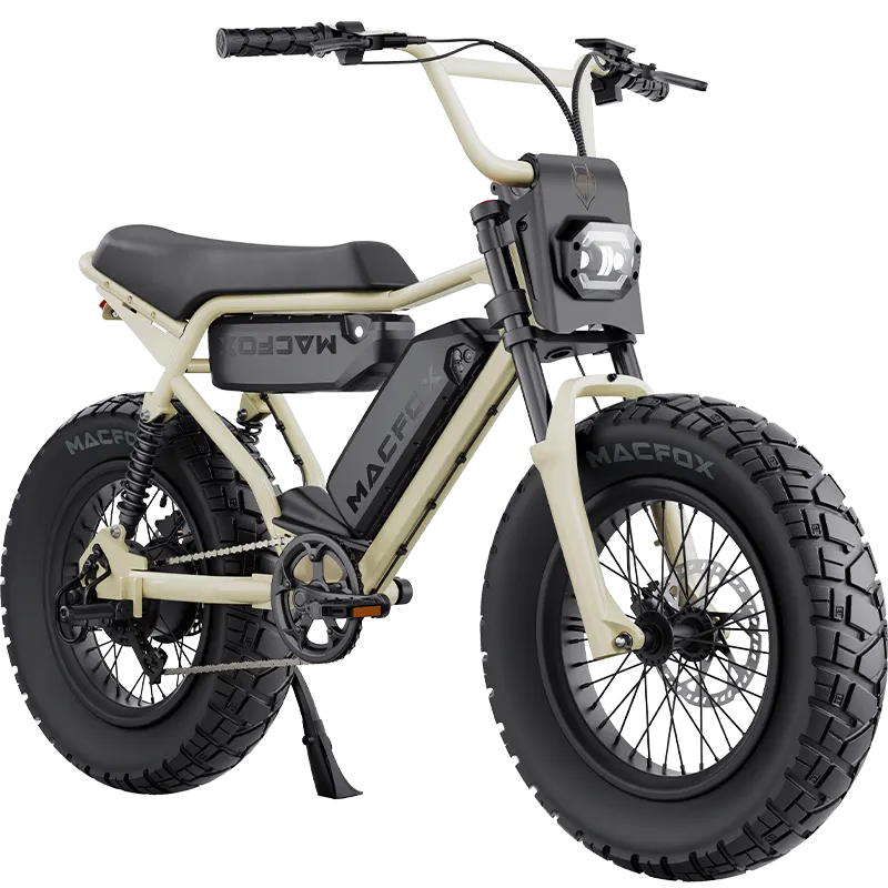 Macfox X2 Pro electric moto-style eBike in Desert Beige, dual battery