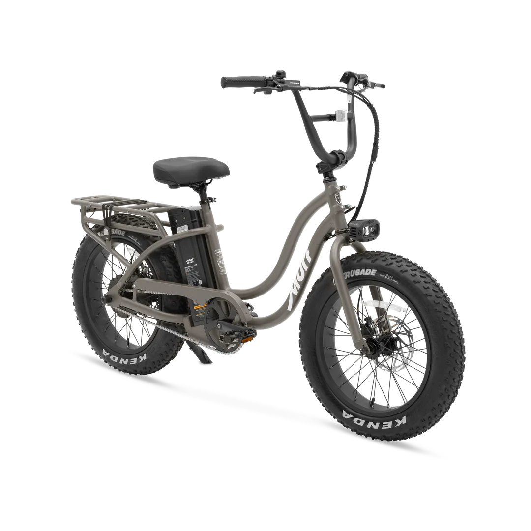 Side view of a Murf Higgs ST eBike in stone color, showcasing its step-through frame, wide tires, and minimalist design against a plain background.
