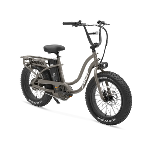 Side view of a Murf Higgs ST eBike in stone color, showcasing its step-through frame, wide tires, and minimalist design against a plain background.