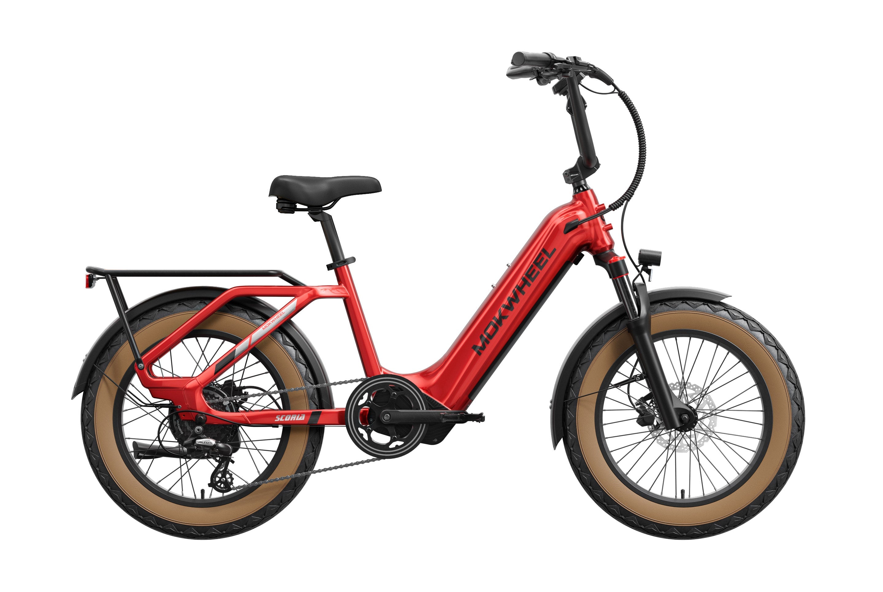 Mokwheel Scoria 2.0 eBike in Firebrick red color, side view, showcasing step-through frame, fat tires, and rear cargo rack.