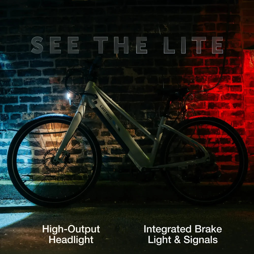 A black Lectric XPress Lite electric bike shown from a side angle, highlighting its lightweight frame, step-through design, and compact wheels.