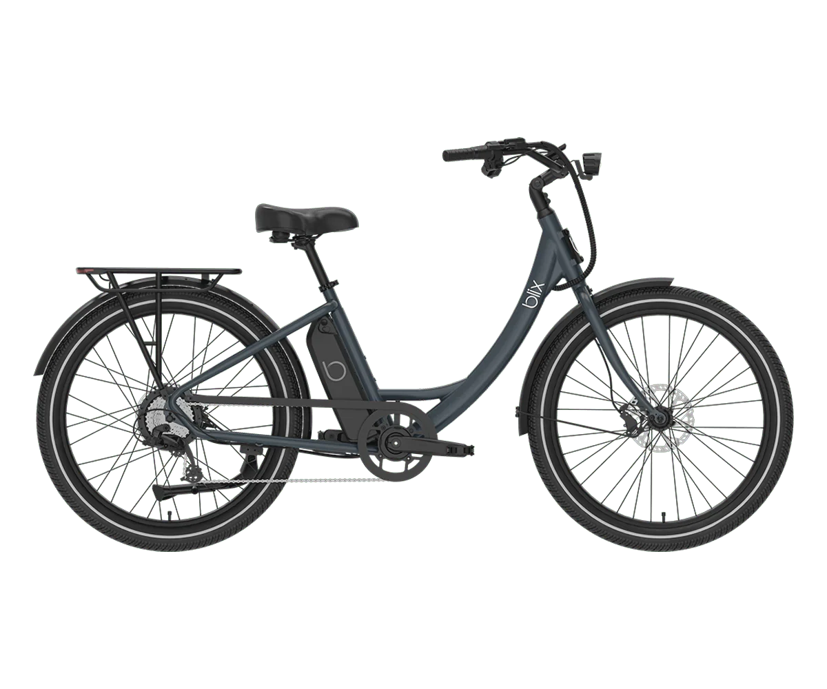 Blix Sol X electric beach cruiser eBike in gray, step-over frame, 750W motor, commuter style, product image