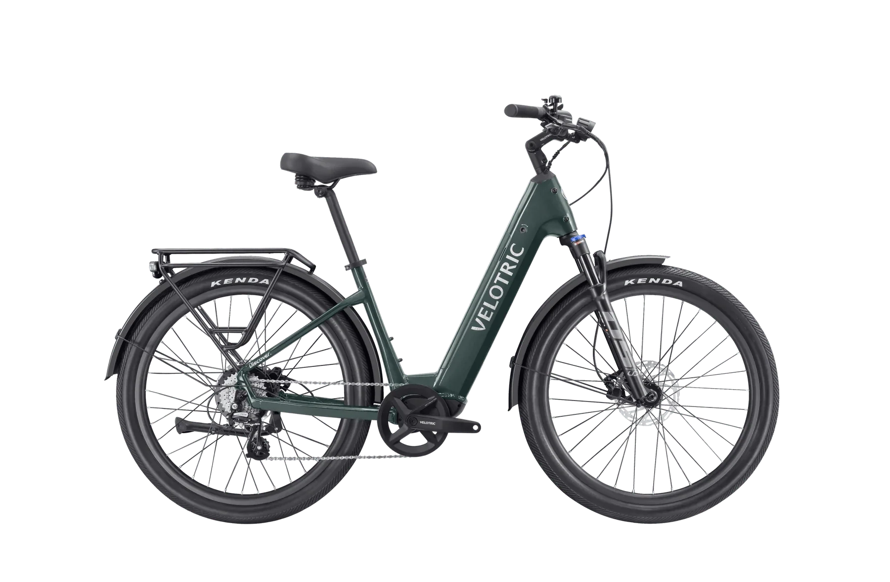 A Velotric Discover 2 electric bike in a side view, featuring a step-through frame, integrated battery, front suspension fork, and rear cargo rack, displayed against a plain background.