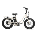 Side view of a Murf Higgs ST eBike in Bone color, showcasing its step-through frame, wide tires, and minimalist design against a plain background.