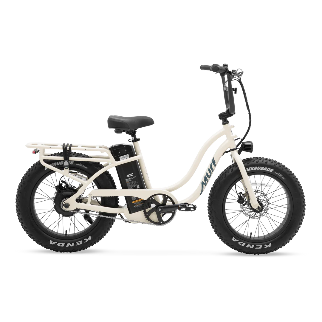 Side view of a Murf Higgs ST eBike in Bone color, showcasing its step-through frame, wide tires, and minimalist design against a plain background.