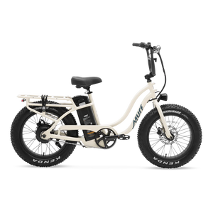 Side view of a Murf Higgs ST eBike in Bone color, showcasing its step-through frame, wide tires, and minimalist design against a plain background.