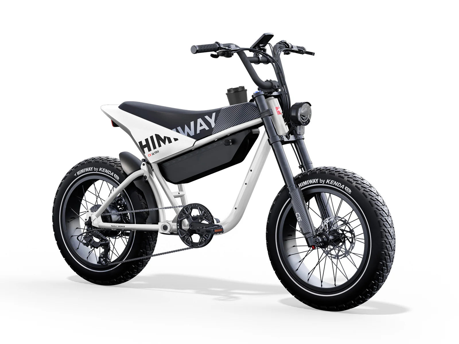 White HIMIWAY C5 Ultra 750W step-over e-moto style electric bike with 20x4 fat tires, front view