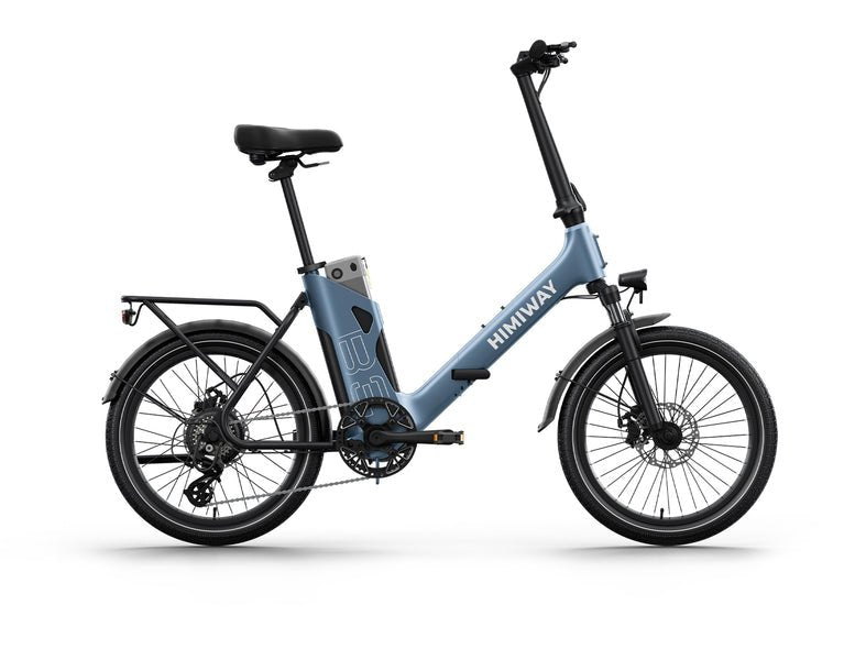 Folded HIMIWAY B3 foldable electric commuter bike shown from the side, highlighting its compact design and portability.