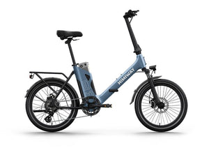 Folded HIMIWAY B3 foldable electric commuter bike shown from the side, highlighting its compact design and portability.