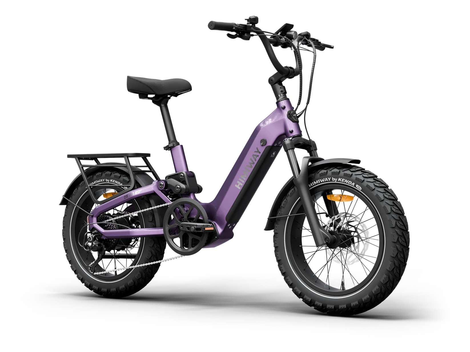 Side view of the Himiway D5 2.0 eBike in Nebula Mist color, featuring 20-inch wheels, a step-through frame, and a rear cargo rack.