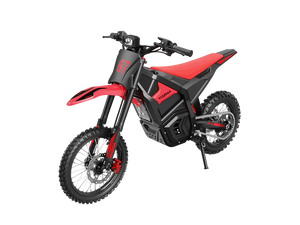 Side view of the eMOTO Yozma IN 10 electric scooter in a showroom, showcasing its sleek black frame, wide tires, and modern design features.