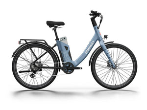 A black HIMIWAY A3 urban electric commuter bike with a step-through frame, front suspension fork, rear rack, and fenders, displayed on a white background.