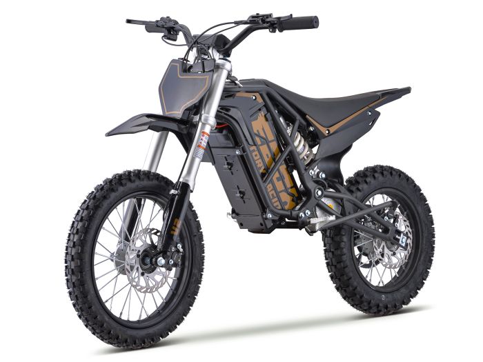 A blue and black eMOTO EBOX2 V2 Stomp EBOX electric pit bike with off-road tires, 60V battery, and 2000W motor, designed for kids and motocross use.