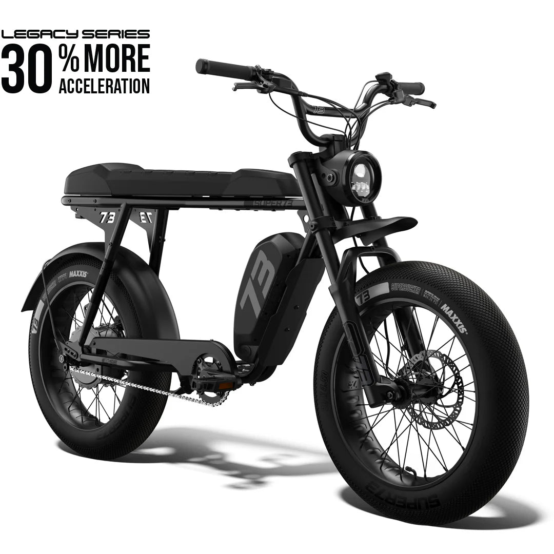 Side view of the Super73 S2 SE electric bike in black, showcasing its thick tires, long seat, and minimalist frame design against a white background.