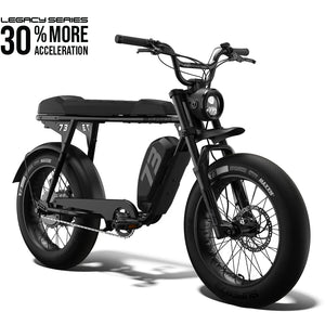 Side view of the Super73 S2 SE electric bike in black, showcasing its thick tires, long seat, and minimalist frame design against a white background.