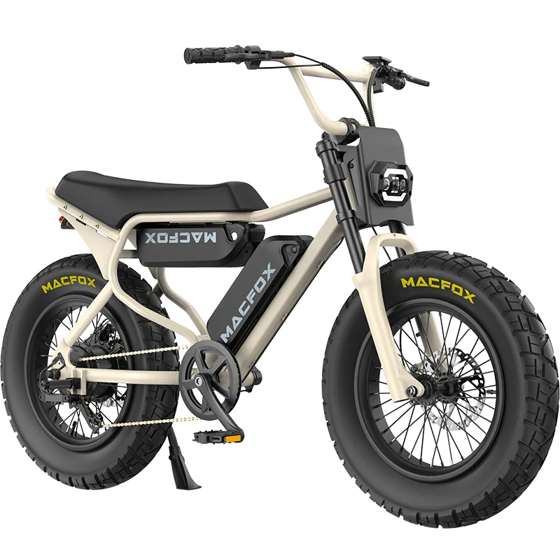 Desert beige Macfox X7 X7 Trim e-bike with dual battery, shown in a desert setting.