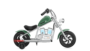 Green eMOTO Hyper Gogo Cruiser 12 Plus electric bike with training wheels, shown in profile, featuring app connectivity